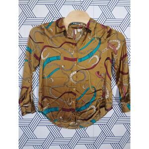 Womens Vintage Equestrian silky gold grandma old money  Button Down Size L